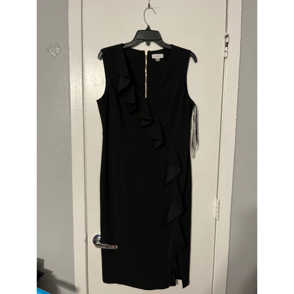 Calvin Klein Womens Black Ruffle V-Neck Sheath Dress CD8C11YV Size 12 NEW